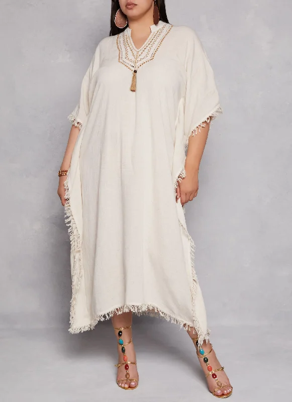 Plus Size Embroidered Notch Neck Caftan Dress