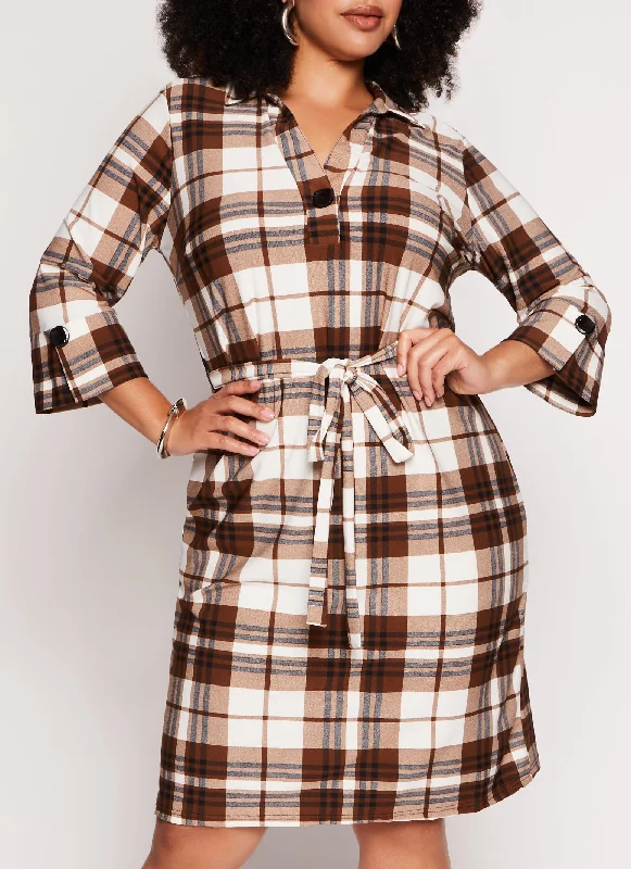 Plus Size Crepe Knit Plaid Shirt Dress