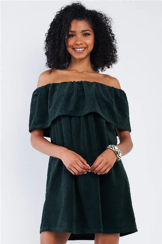 Forest Green Velvet Hounds Tooth Print Off The Shoulder Mini Dress