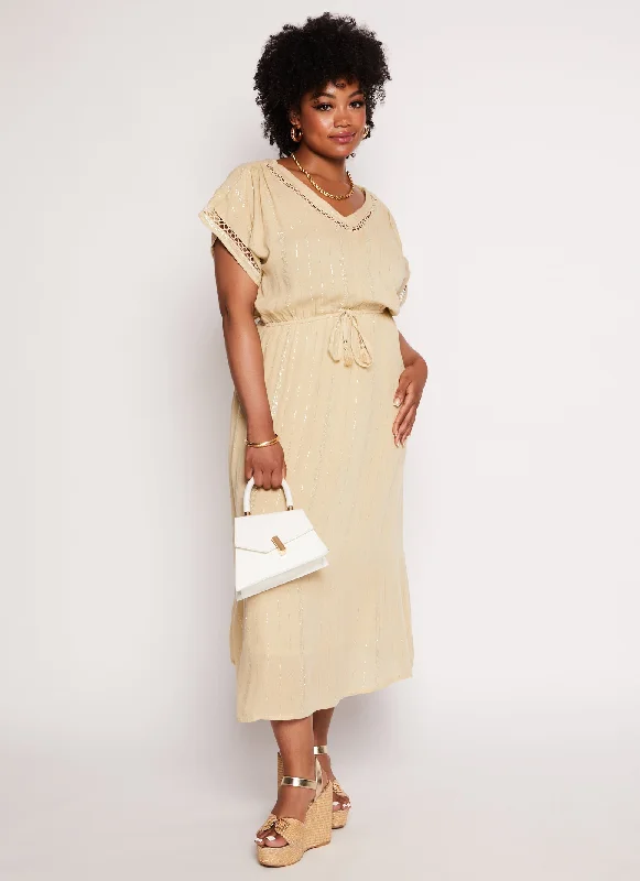 Plus Size Lurex Striped V Neck Maxi Dress