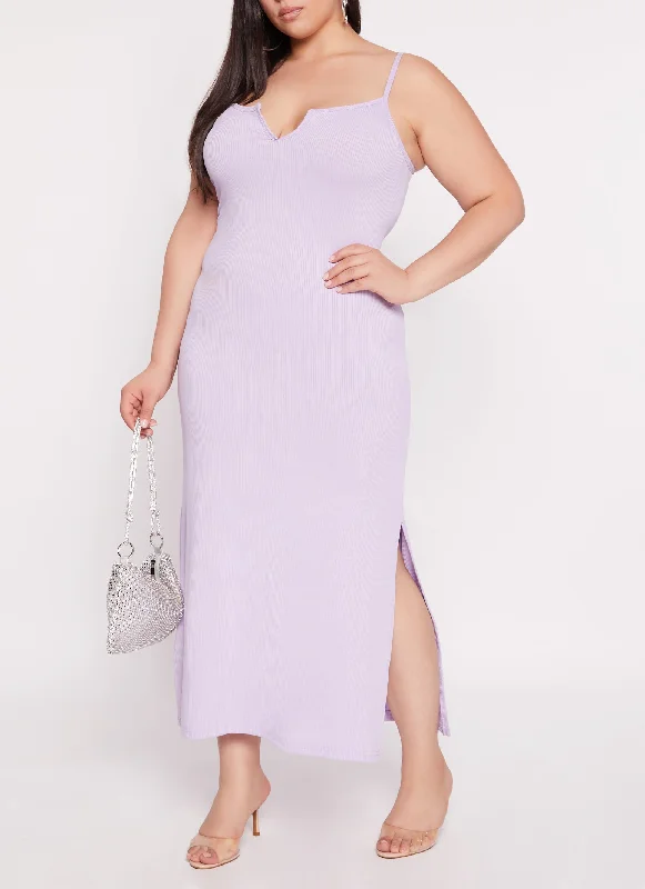 Plus Size Rib Knit Split Neck Cami Maxi Dress