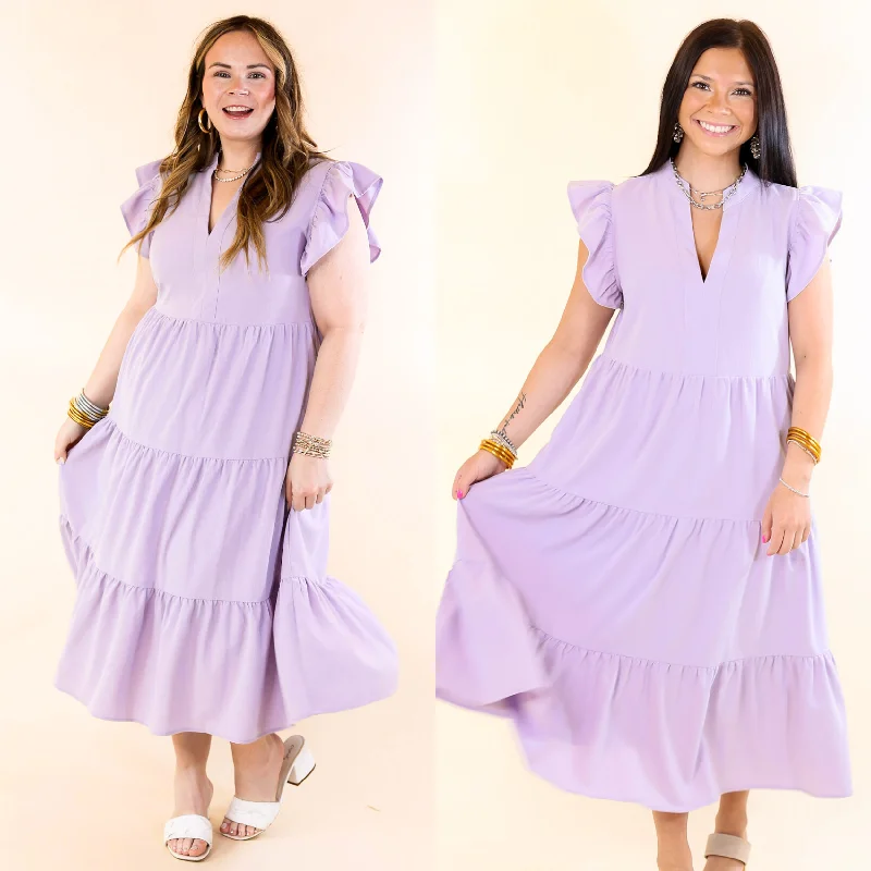 Magnolia Morning Ruffle Cap Sleeve Tiered Midi Dress in Lavender Purple