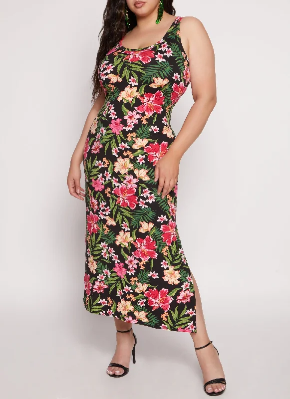 Plus Size Tropical Print Tank Dress