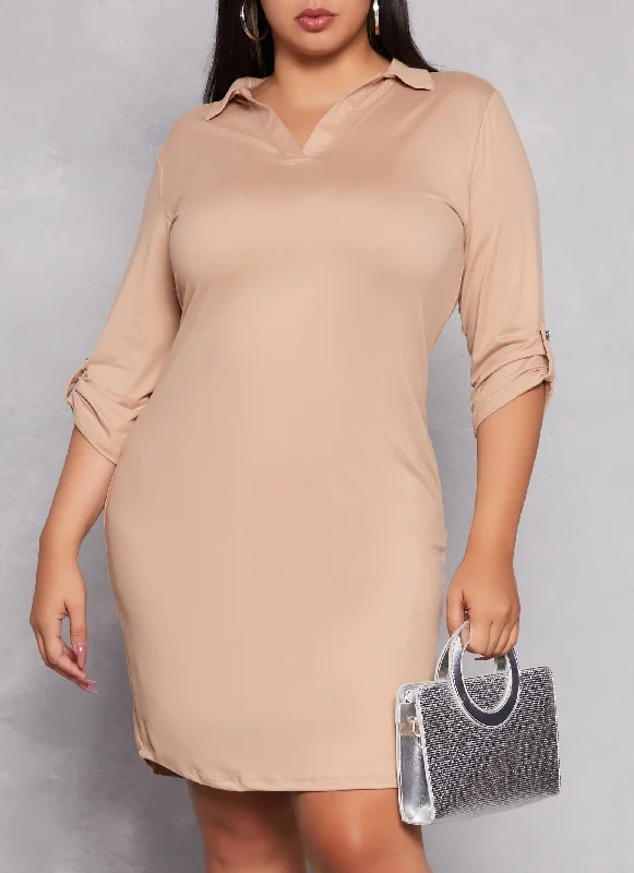 Plus Size Tabbed Sleeve Shirt Dress