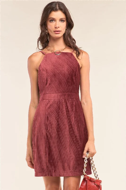 Plum Red Corduroy Sleeveless Square Neck Tight Fit Mini Dress