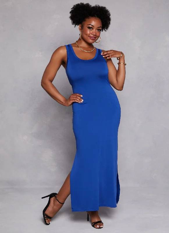 Plus Size Scoop Neck Side Slit Maxi Tank Dress