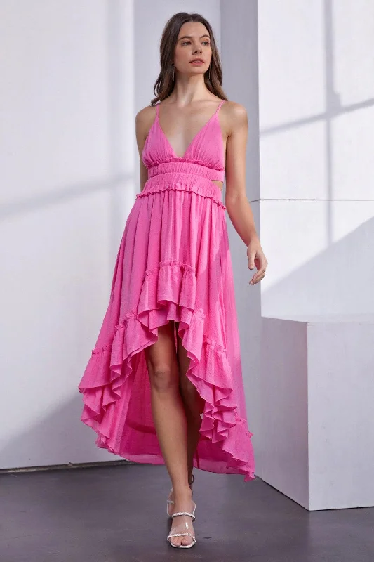 Asymmetric Ruffle Bottom Hem Open Back Cutout Dress