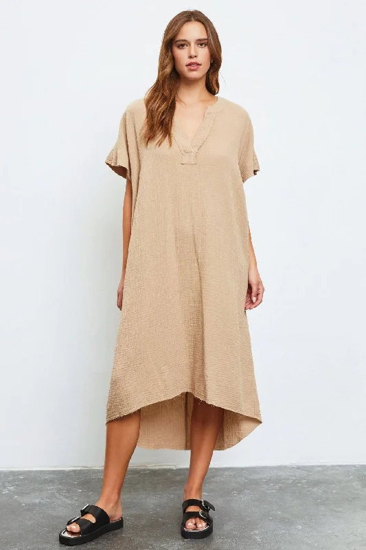 Linen Short Sleeve Hi-Low Midi Tunic Dress