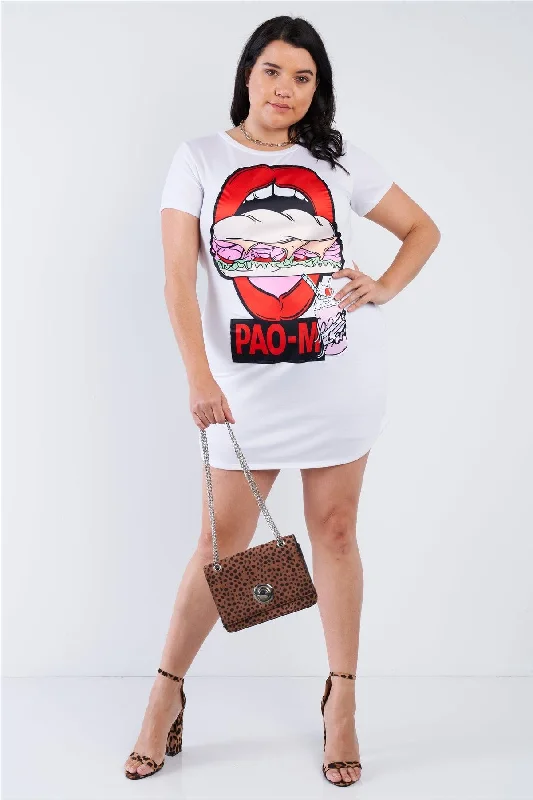 Plus Size White Red Lips Graphic T-shirt Dress /2-2-2