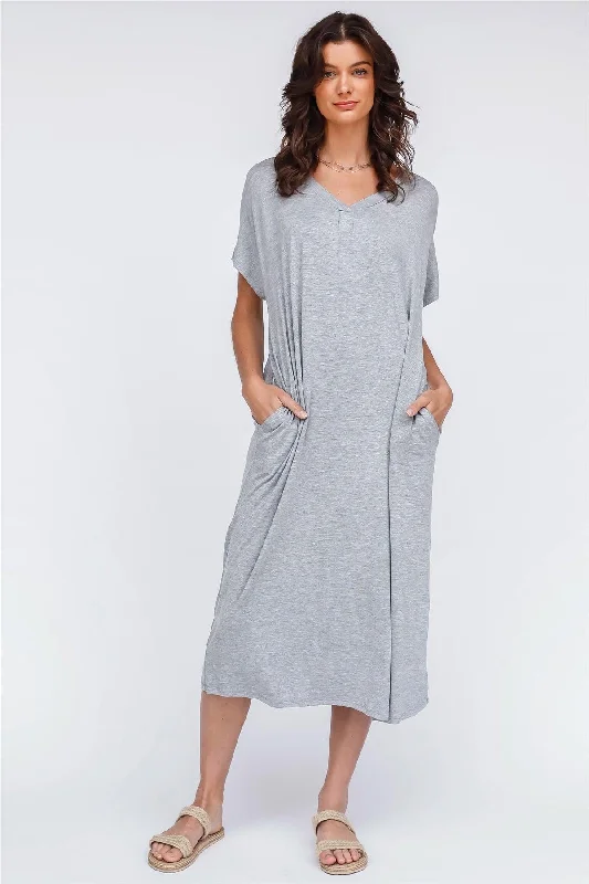 Heather Grey V-Neck Short Sleeve Midi Dress