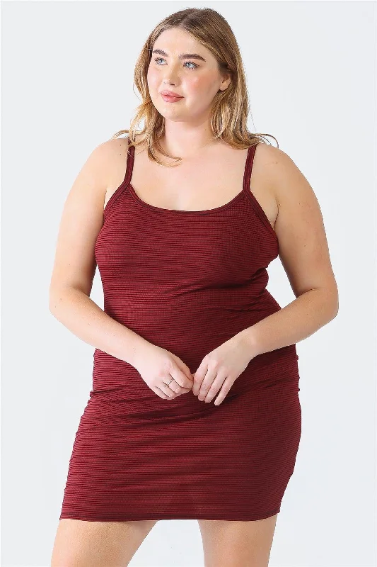 Plus Size Burgundy Stripe Print Mini Dress