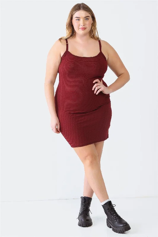 Plus Size Burgundy Stripe Sleeveless Mini Dress