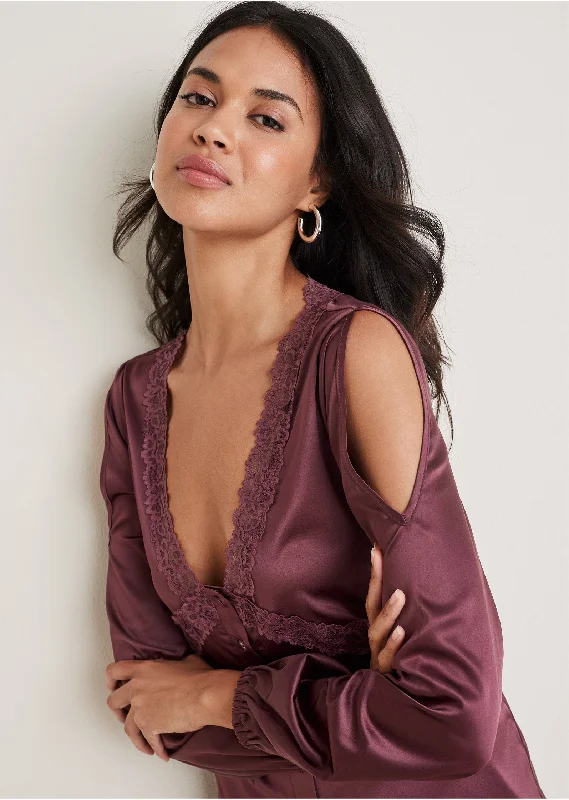 Lace Cold Shoulder Blouse - Wine