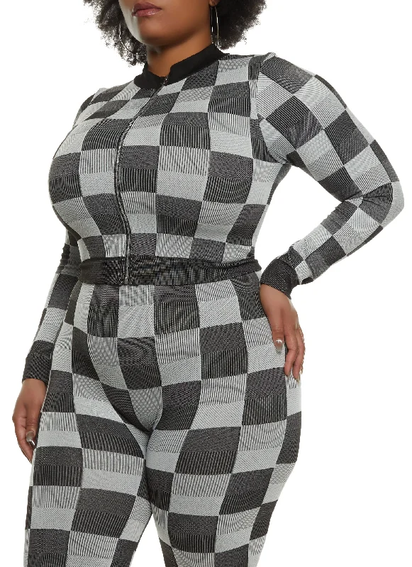 Plus Size Seamless Checkered Print Track Jacket