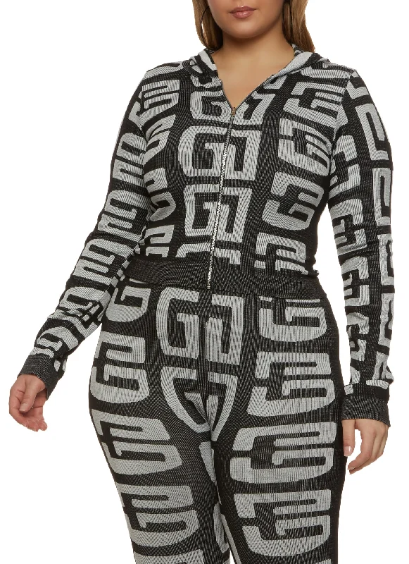 Plus Size Seamless Geometric Print Track Jacket