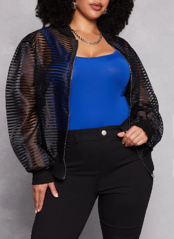 Plus Size Shadow Striped Organza Bomber Jacket