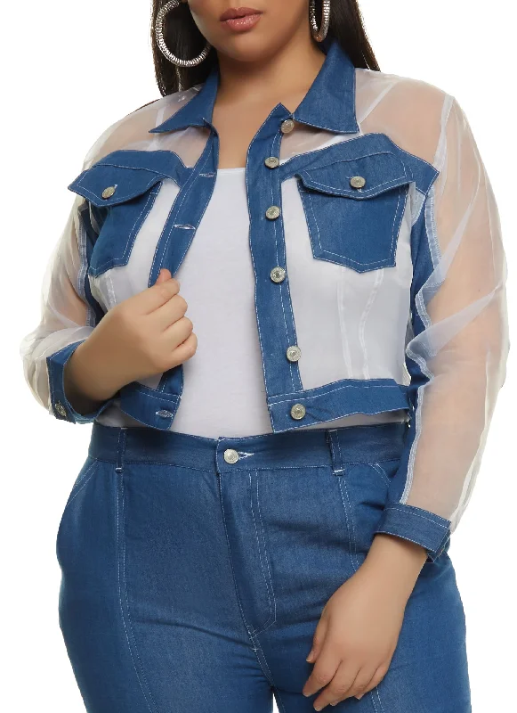 Plus Size Organza Denim Insert Jacket