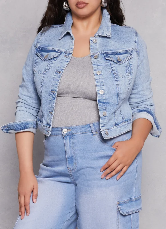 Plus Size WAX Acid Wash Denim Jacket