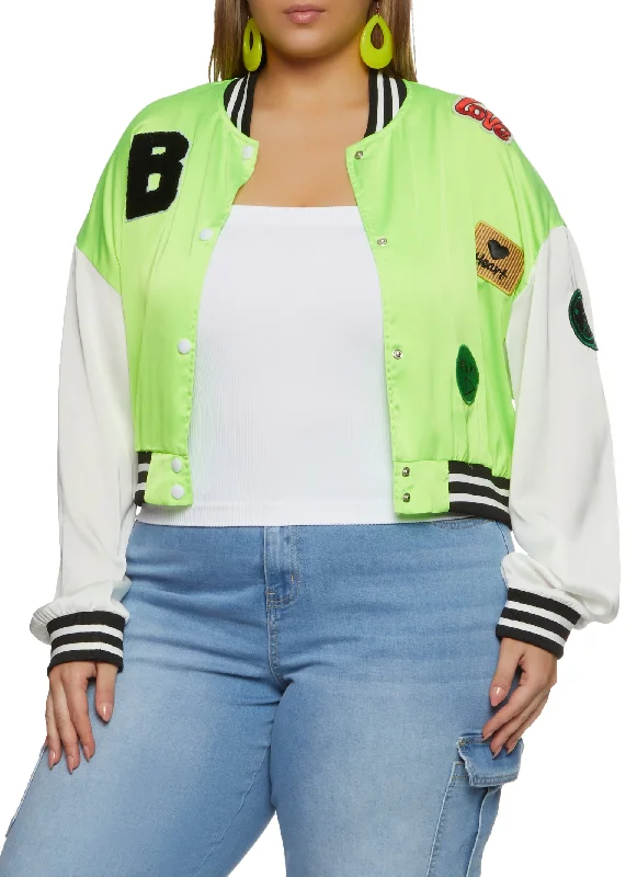 Plus Size Daisy B Chenille Graphic Patch Varsity Jacket