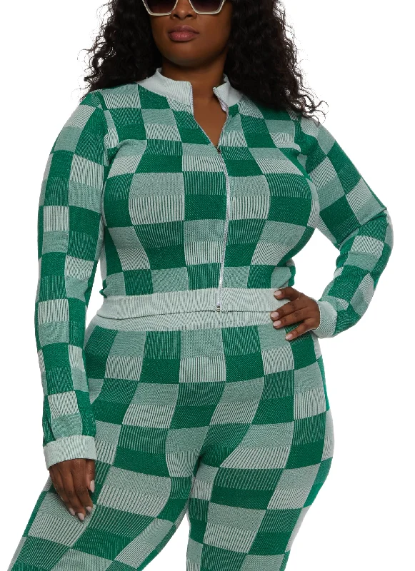 Plus Size Seamless Checkered Track Jacket