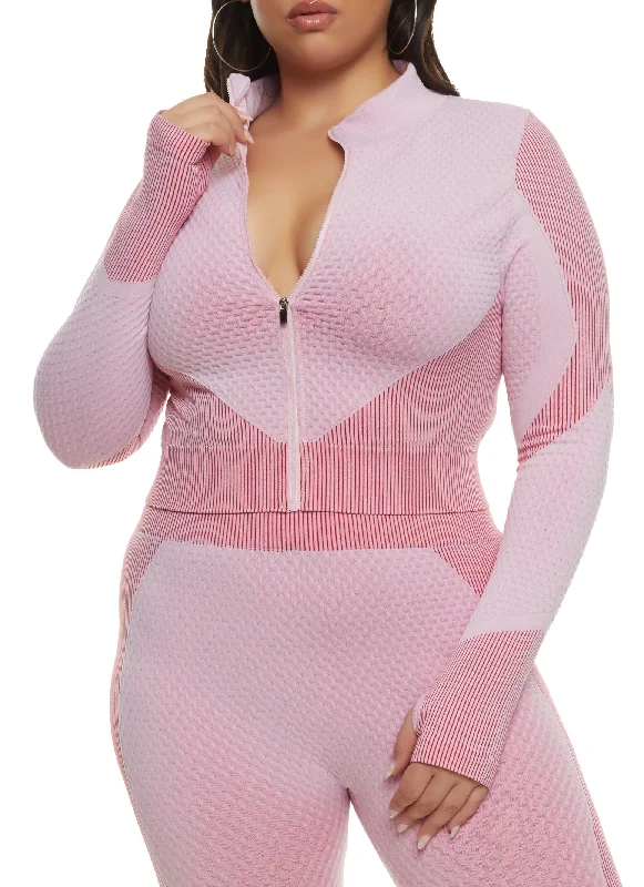 Plus Size Daisy Seamless Textured Knit Zip Front Track Jacket