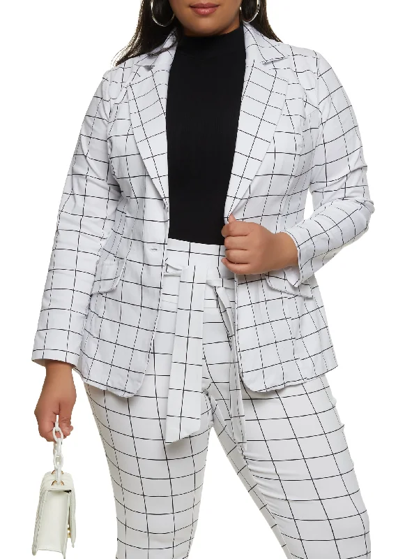 Plus Size Windowpane Print Blazer