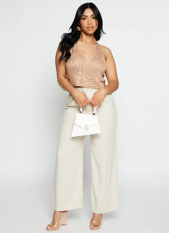 Linen Pleated High Waist Wide Leg Pants