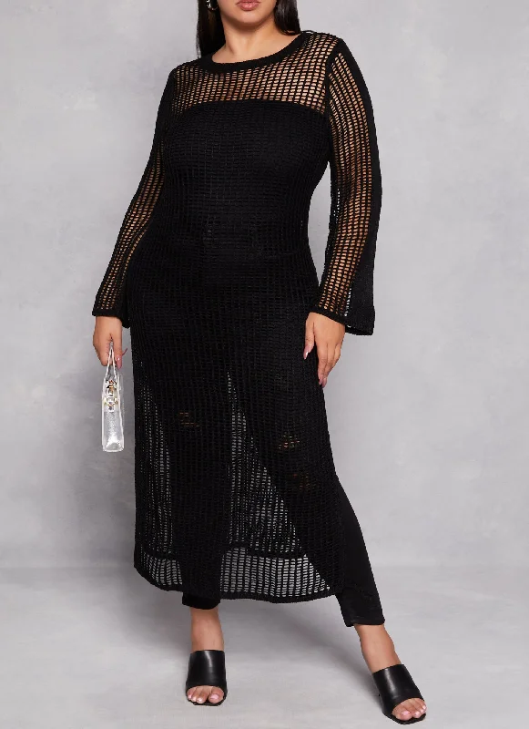 Plus Size Crochet Side Slit Maxi Sweater