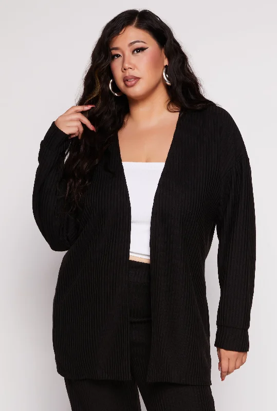 Plus Size Ribbed Open Front Cardigan