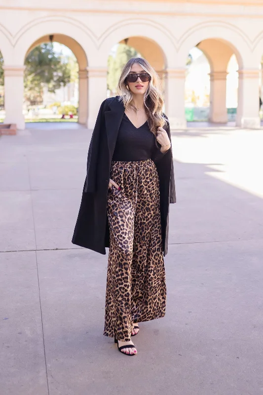 Bradley Leopard Print Wide Leg Drawstring Satin Pants Brown