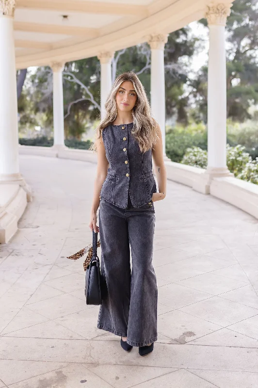 Devin Sleeveless Button Down Denim Vest And Pants Set Black