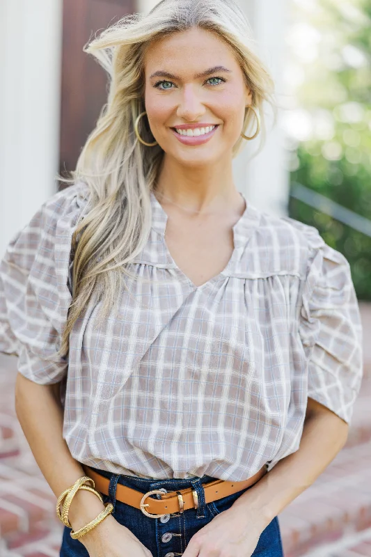 From The Start Taupe Plaid Blouse