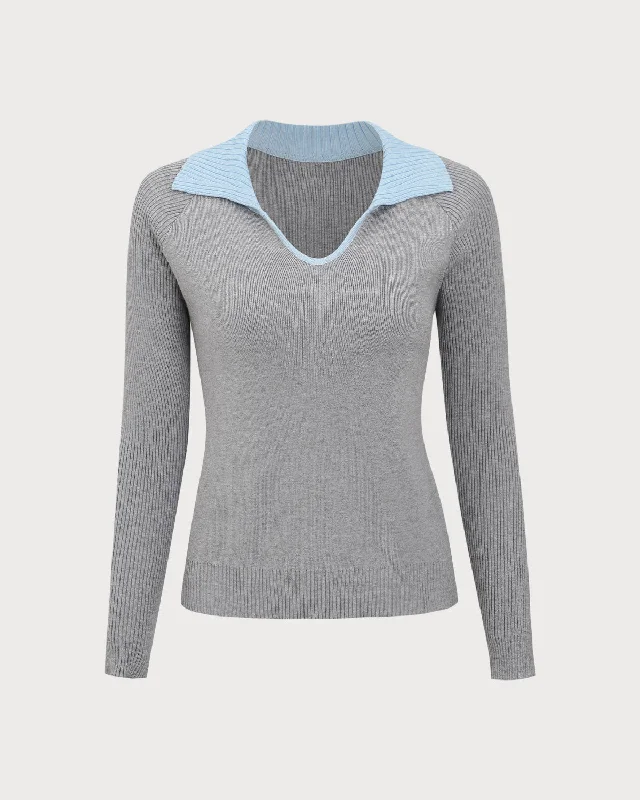 Grey Contrasting V-Neck Slim Sweater