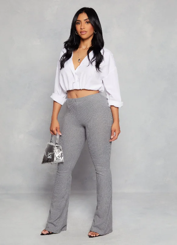 Solid Ribbed High Waisted Flare Pants