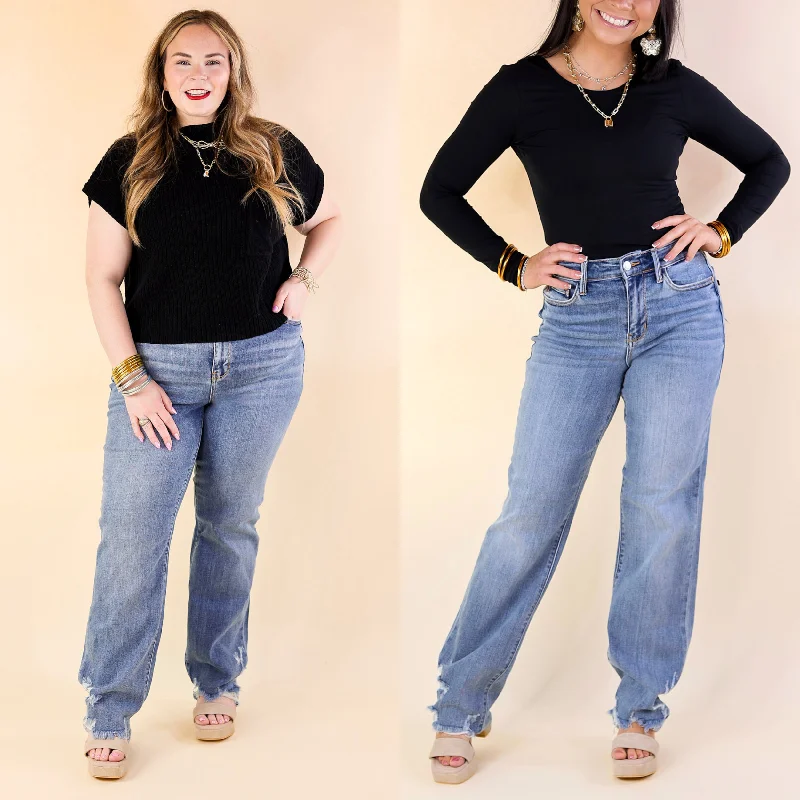 Judy Blue | Weekend Wanderer High Waisted Straight Leg Jean with Destroyed Hem in Medium Wash