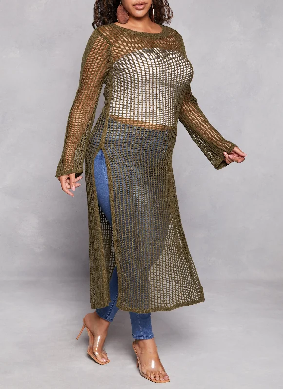 Plus Size Crochet Side Slit Maxi Sweater