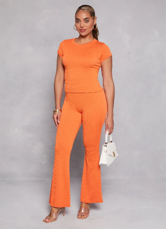 Textured Knit High Waisted Flare Pants