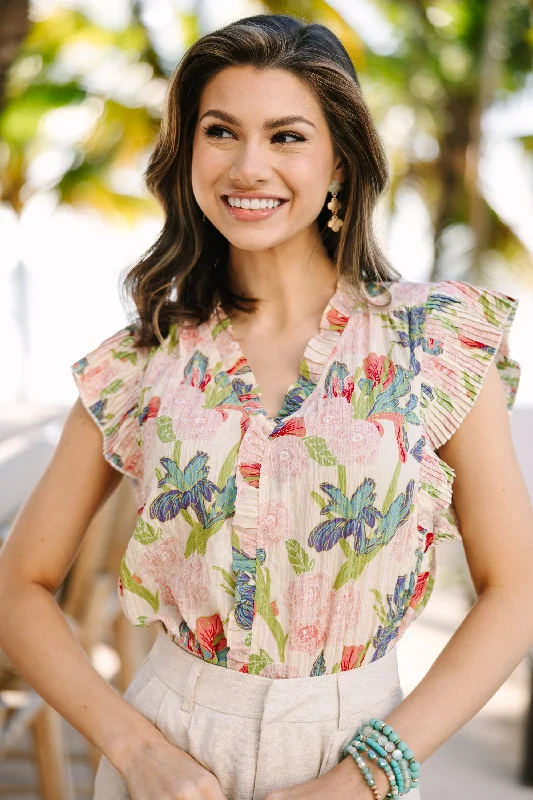 Part Of You Beige White Floral Blouse