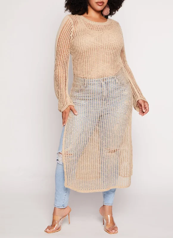 Plus Size Crochet Side Slit Maxi Sweater