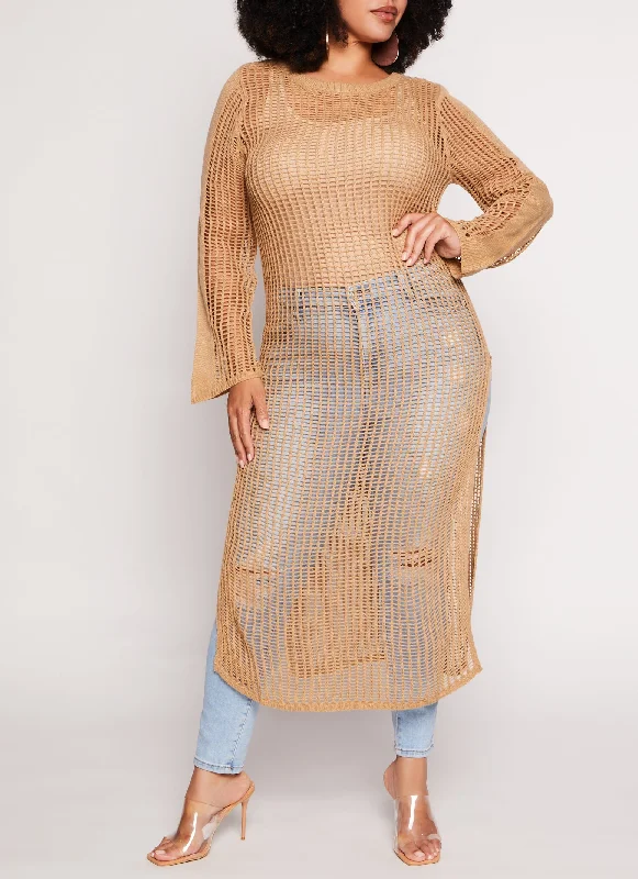 Plus Size Crochet Side Slit Maxi Sweater