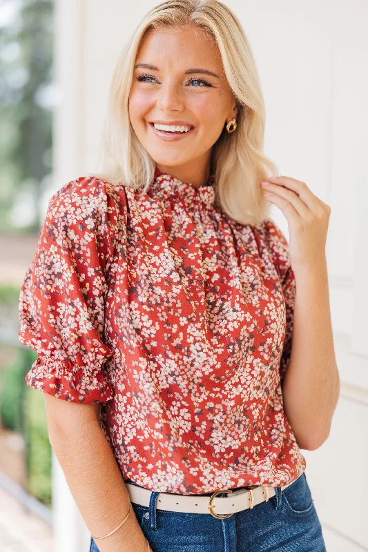 This Is The Time Marsala Red Ditsy Floral Blouse