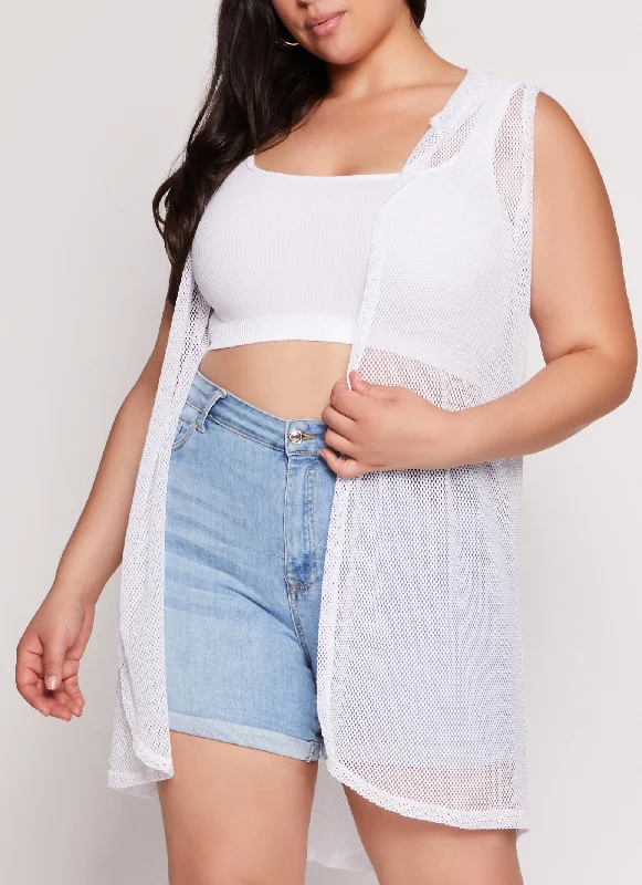 Plus Size Fishnet Sleeveless Hooded Cardigan