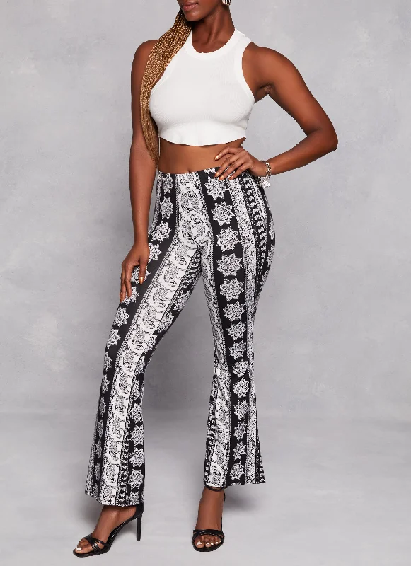 Paisley Border Print High Waist Flare Pants