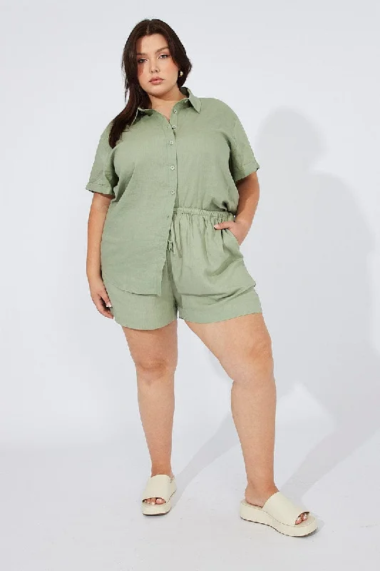 Green Shorts Mid Rise Linen Blend