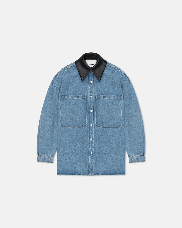 Beaux - Leather-Trimmed Denim Shirt - Mid Blue