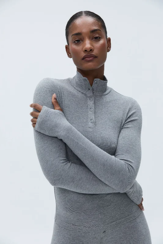 Thermal Long Sleeve Henley Top - Grey Melange