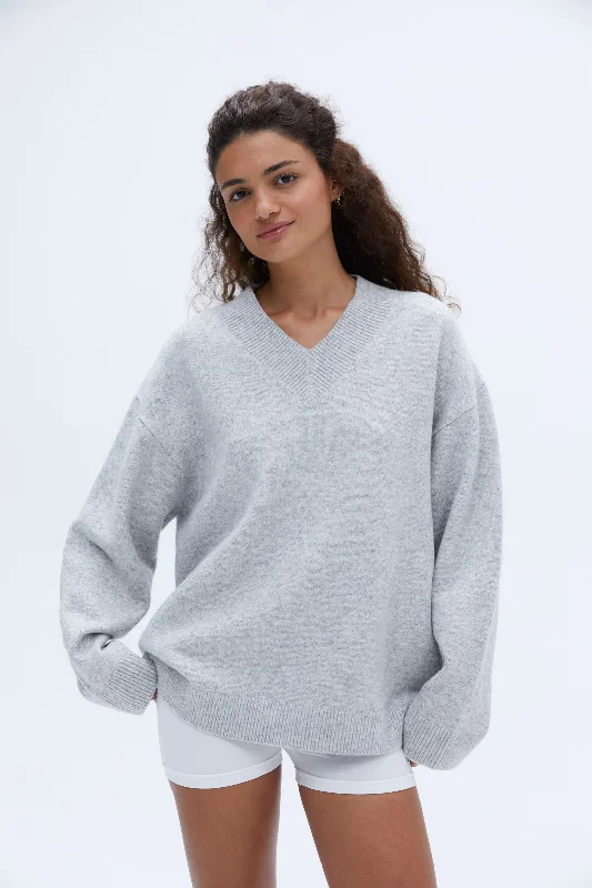 V Neck Oversized Knit Sweatshirt - Light Grey Melange