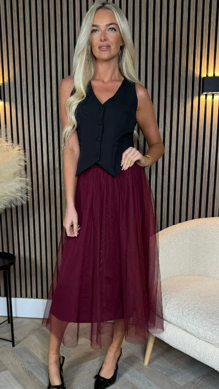 Avery Burgundy Tulle Midi Skirt (PRE ORDER)