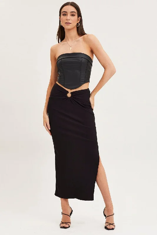 Black Maxi Skirt High Rise Ring Detial Rib Jersey