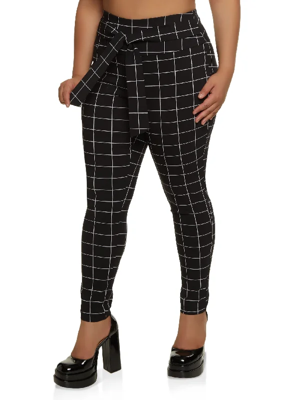 Plus Size Windowpane Print Tie Front Dress Pants